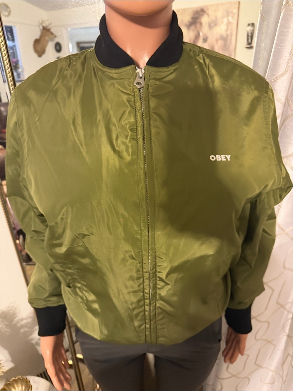 OBEY Olive Green Satin Bomber Jacket with Black Trim